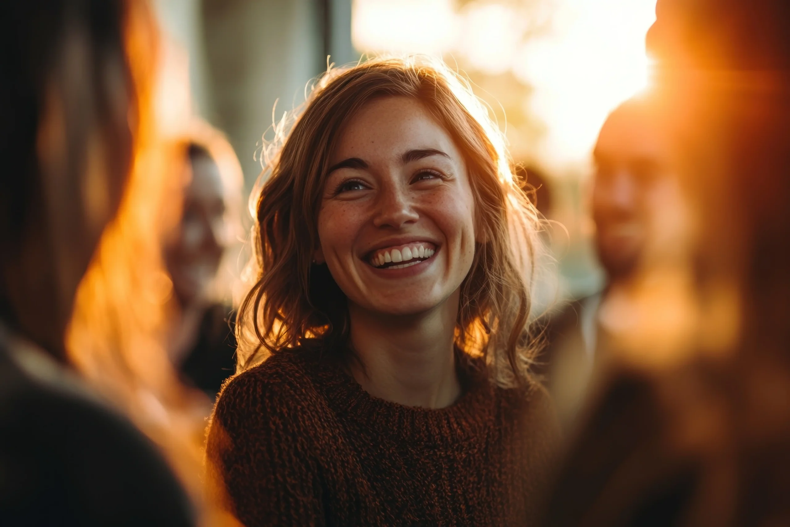 backlit woman at company event laughing
