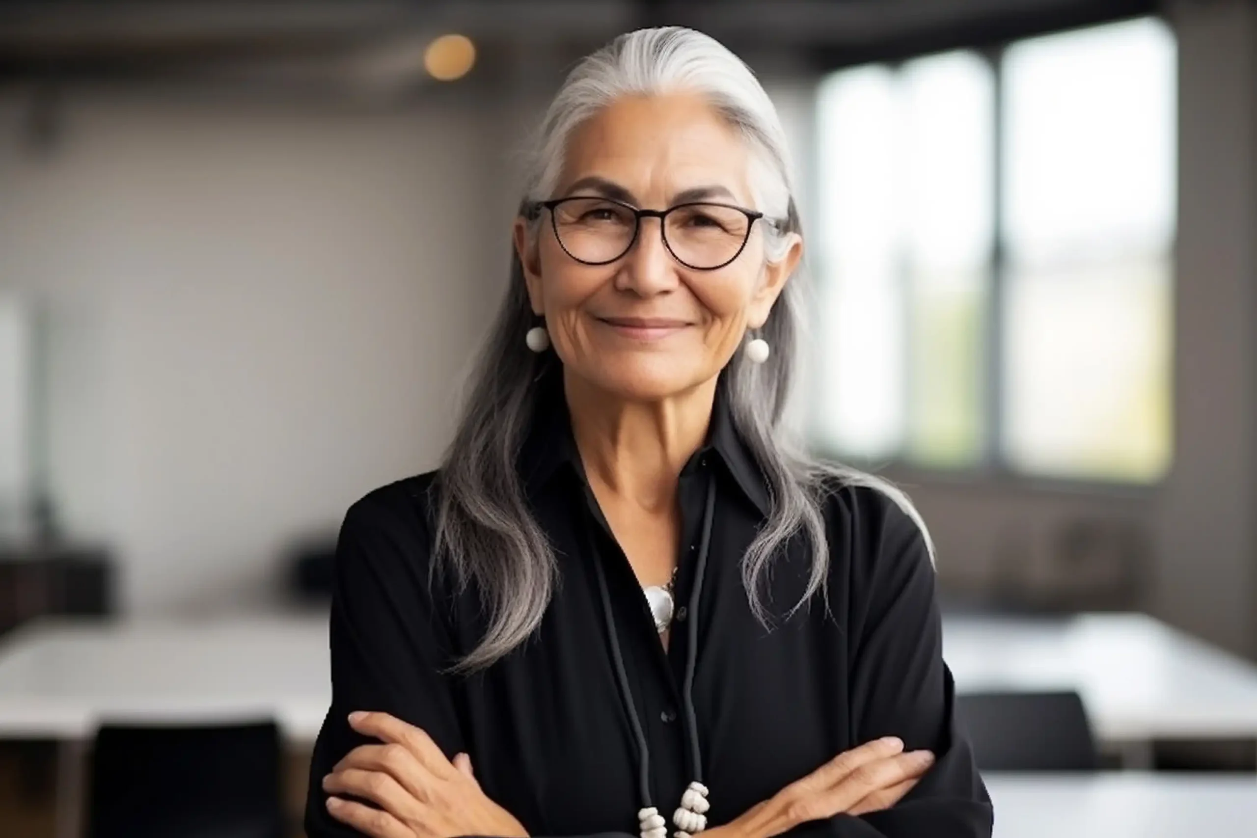 professional woman with silver hair smiling